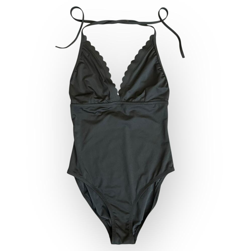 J. Crew Factory Black One-Piece Swimsuit with Scallop Trim